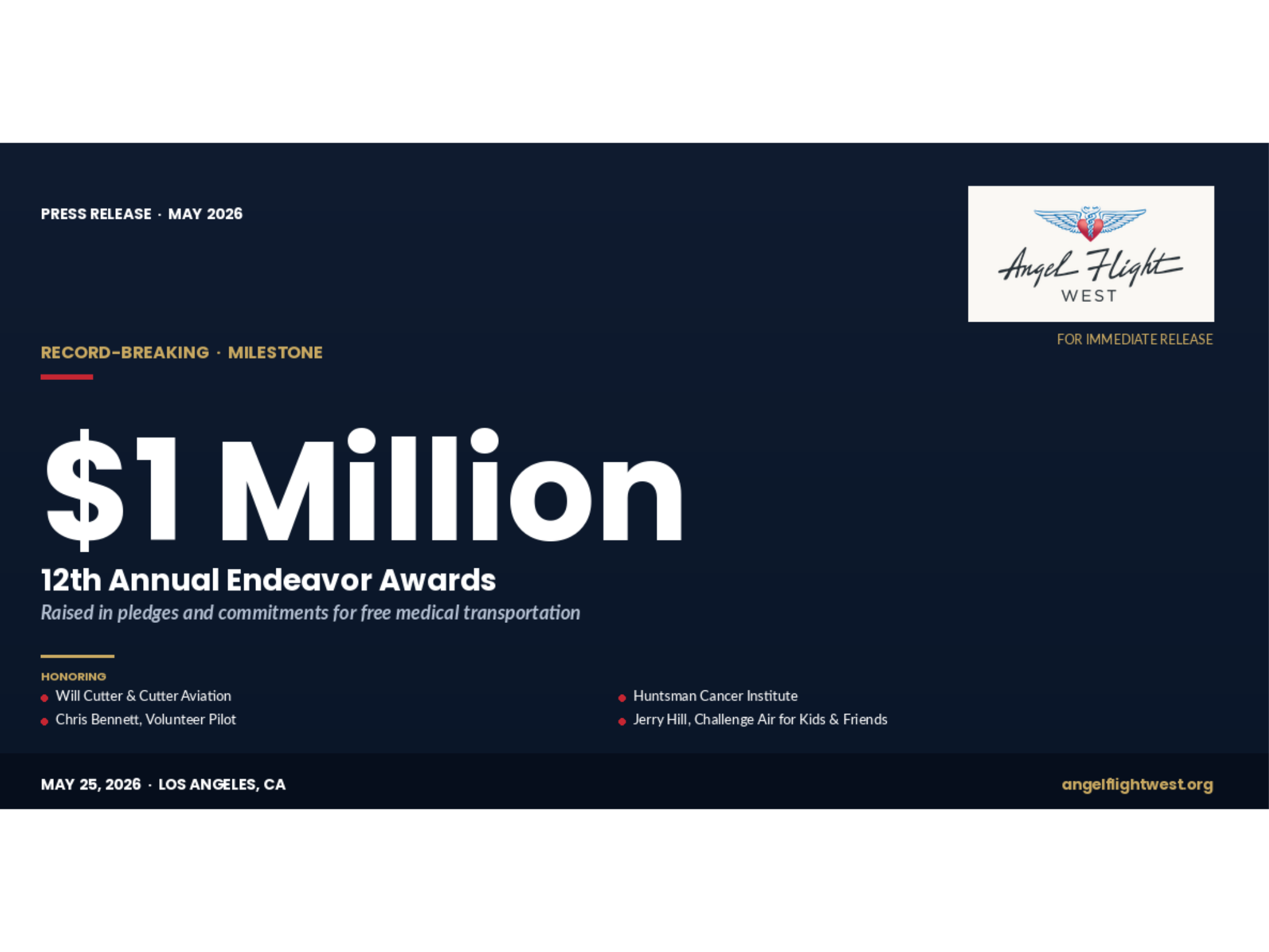 Press release banner for Angel Flight West announcing the $1 million milestone at the 12th Annual Endeavor Awards.