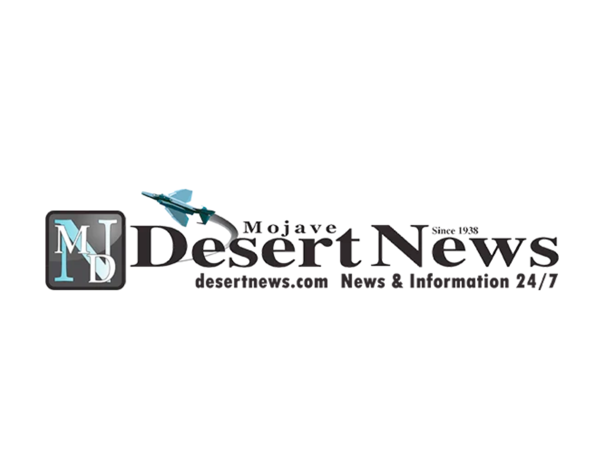 Moja…e Desert News logo featuring a blue airplane over the 'MDN' square tile and the 'Mojave Desert News' wordmark (Since 1938).