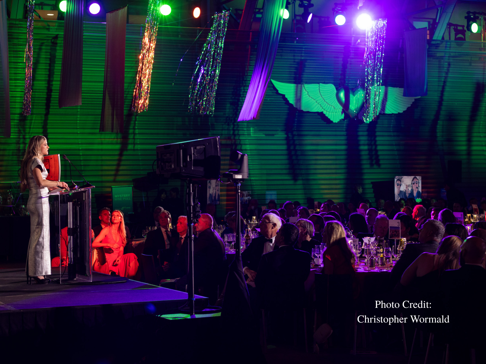 Female presenter at a podium speaks to a banquet-style audience under green and purple stage lights, with decorative streamers above and guests seated at tables.