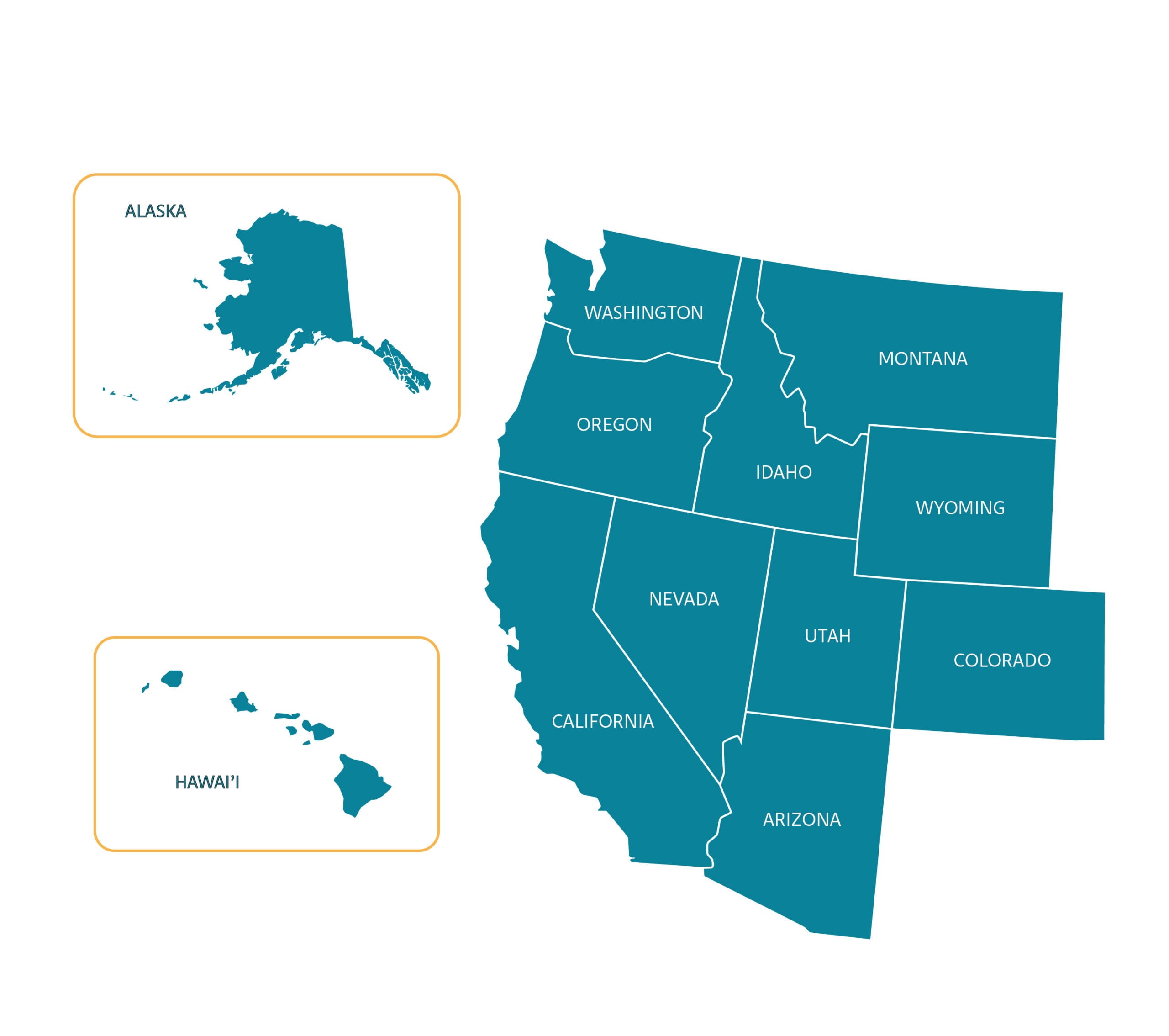 Vector map showing Alaska, Arizona, California, Colorado, Hawai’i, Idaho, Montana, Nevada, Oregon, Utah, Washington, and Wyoming.